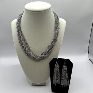 Layered Chain Link Necklace and Earrings Set 24 Multiple Layers of Chains